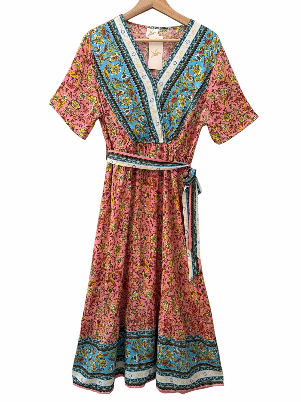 GLM Floral V-Neck Midi Dress Womens Sz XL Pink Blue Rayon Waist Tie Flowy Boho